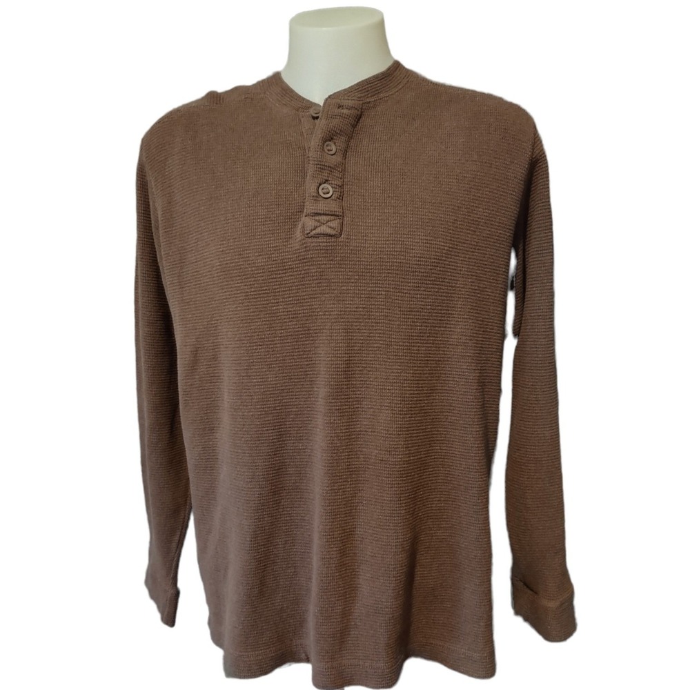 Gander Mountain Henley Shirt Size L Men Cabin Core Brown Waffle Knit Long Sleeve